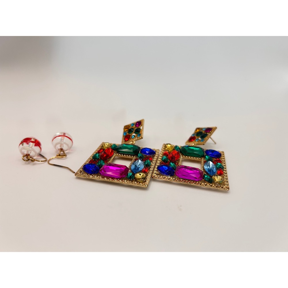 Earring Set Women OS Multicolor Good Gemstone Square & Striped Orb - Picture 8 of 12